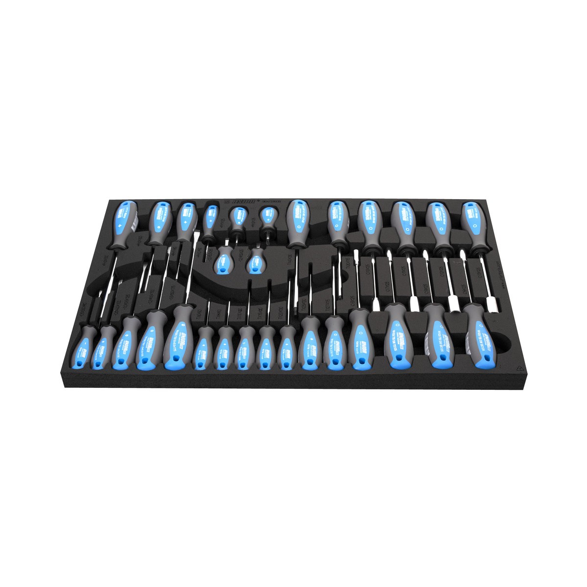 Schaumeinlage mit 30 Schraubendrehern (Schlitz, Kreuz, Torx) mit blau-schwarzen Griffen, geordnet in Aussparungen.