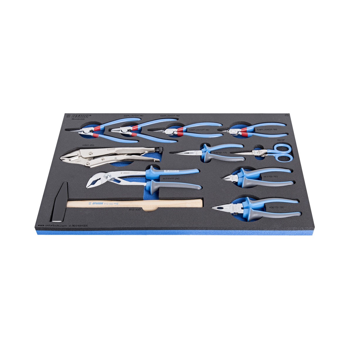 Schwarze Schaumeinlage mit 9 Zangen, Schere, Gripzange, Wasserpumpenzange und Hammer mit Holzstiel, Griffe blau/grau.