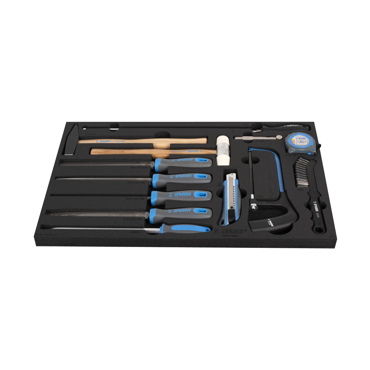 Schaumeinlage mit Feilen, zwei Hämmern, Cuttermesser, Bügelsäge, Maßband, Drahtbürste und Zange; blau-schwarze Griffe.