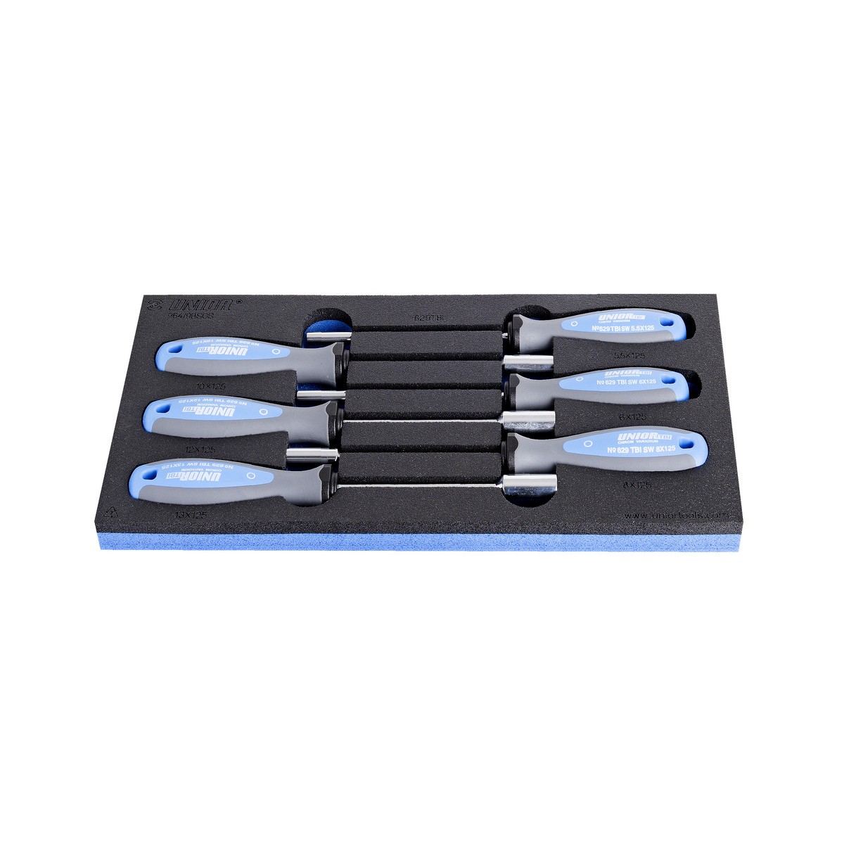 Schaumstoffeinlage mit sechs Schraubendrehern, drei links und drei rechts angeordnet, mit blau-grauen Griffen und langen Klingen.