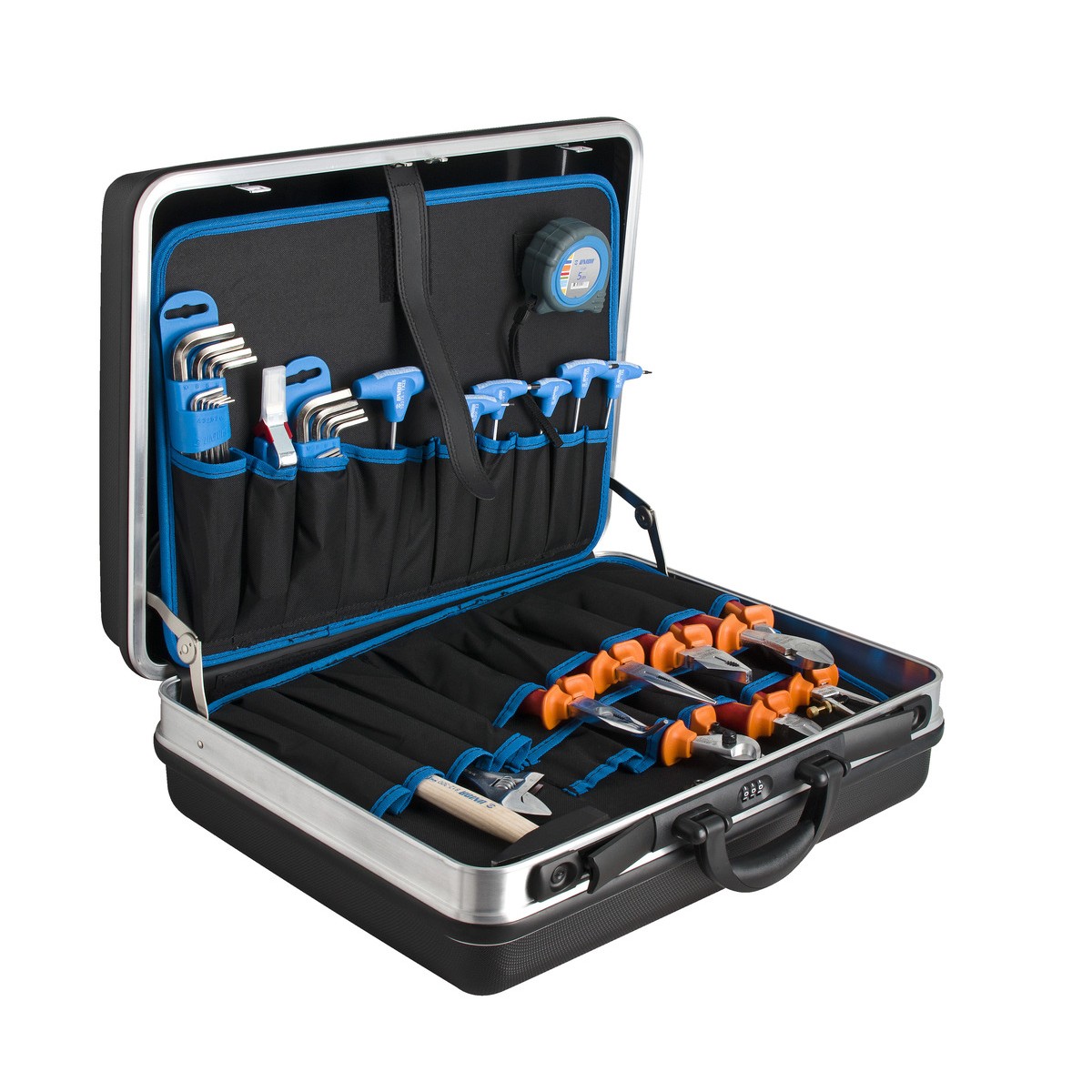 Geöffneter Koffer mit Werkzeugen: im Deckel Inbusschlüssel, T-Griffe und Maßband; unten orange Zangen, Hammer und Messer.