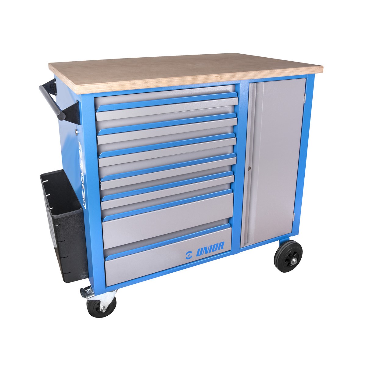 Blauer Werkzeugwagen auf Rollen mit Holzarbeitsplatte, acht grauen Schubladen, grauer Schranktür und seitlichem Ablagekorb.