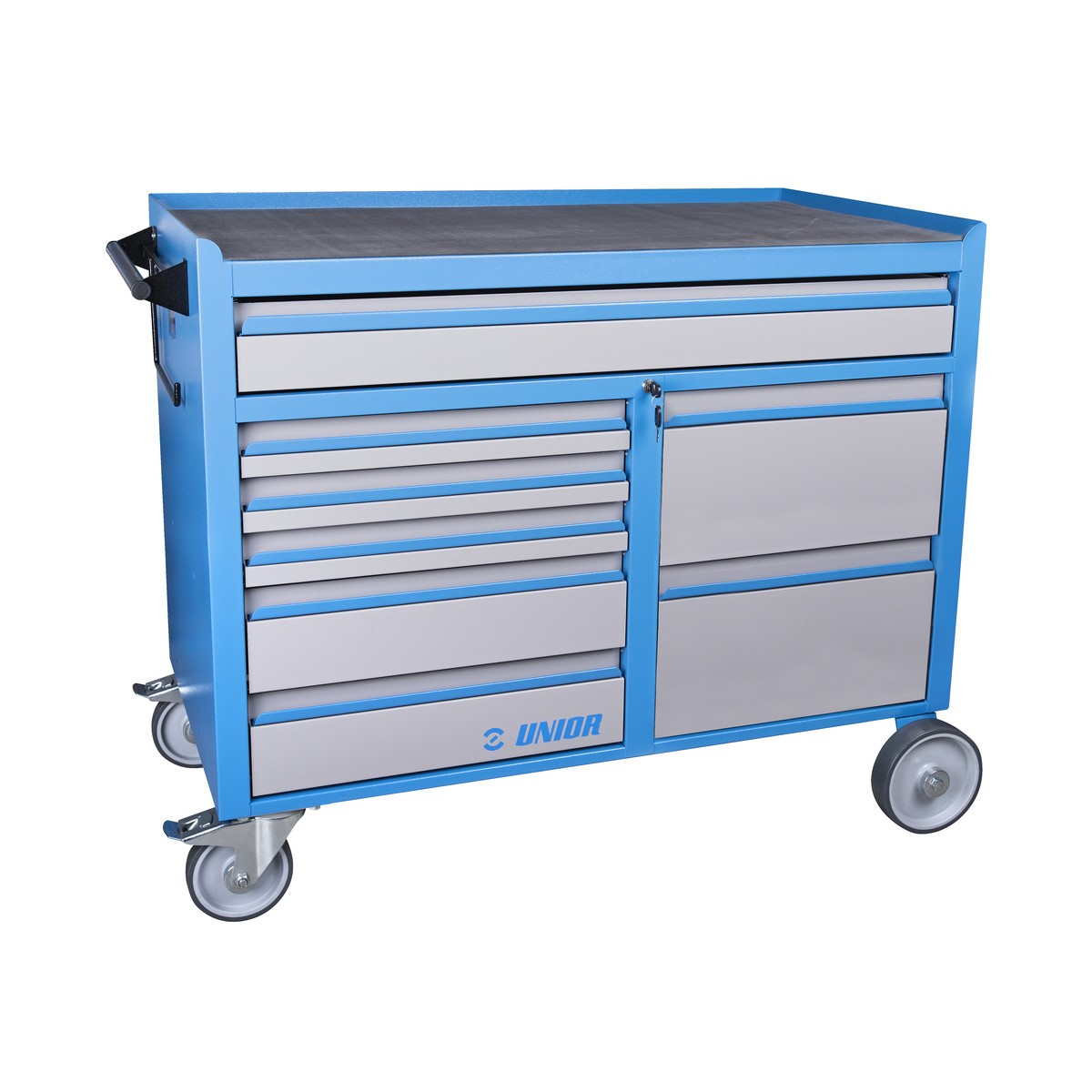 Blauer Unior Werkzeugwagen mit schwarzer Ablage; links mehrere Schubladen, rechts zwei große Schubladen; auf vier Rollen.