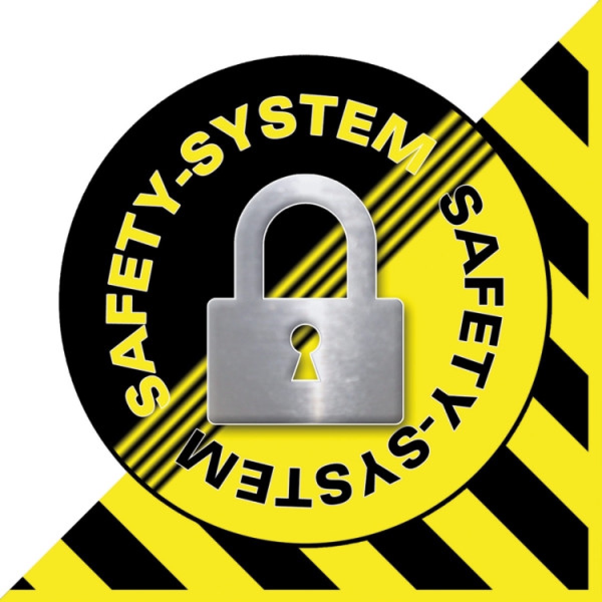RSC24A-6_3 Rundes Symbol „Safety-System“ mit Vorhängeschloss auf gelb-schwarzem Warnstreifen-Hintergrund.
