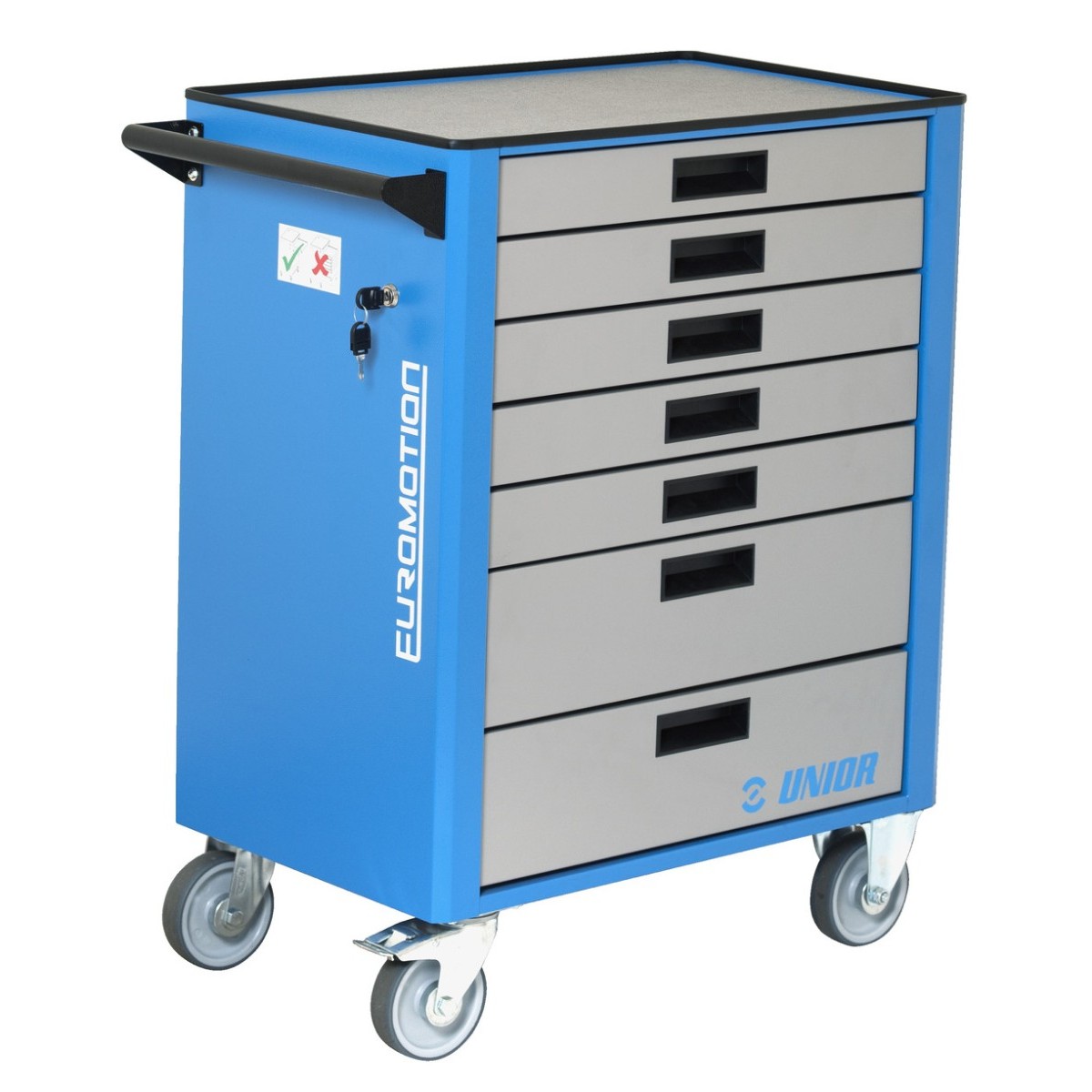 Werkzeugwagen 940EM1 mit Werkzeugset Blau-grauer Werkzeugwagen auf vier Rollen mit 7 Schubladen, Griff an der Seite und Ablage oben.