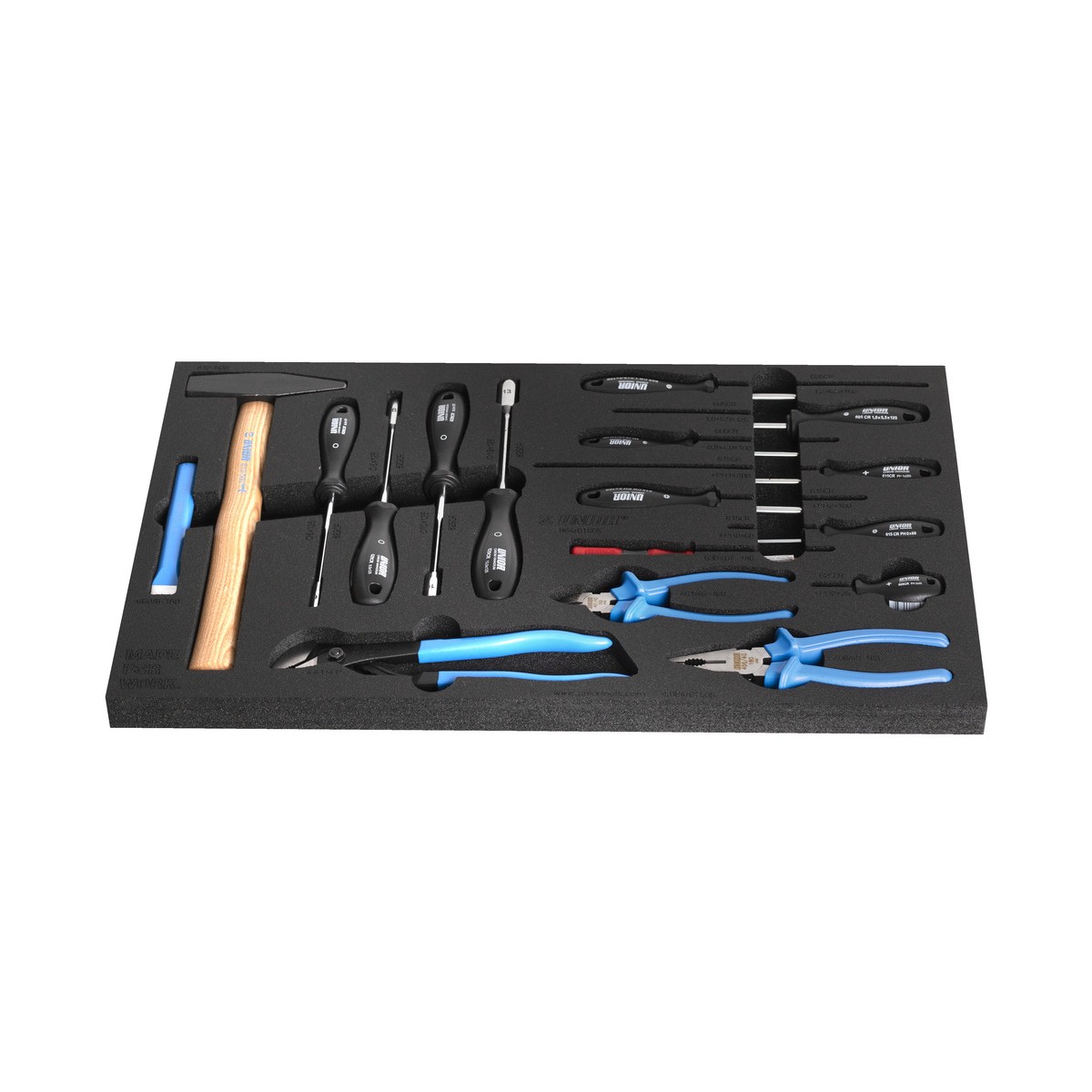 SOS Modul - Zangen-Schraubendreher-Hammer - 964/61SOS Schaumstoffeinlage mit Hammer, Schraubendrehern, Feilen und Zangen; Werkzeuge mit schwarzen und blauen Griffen.