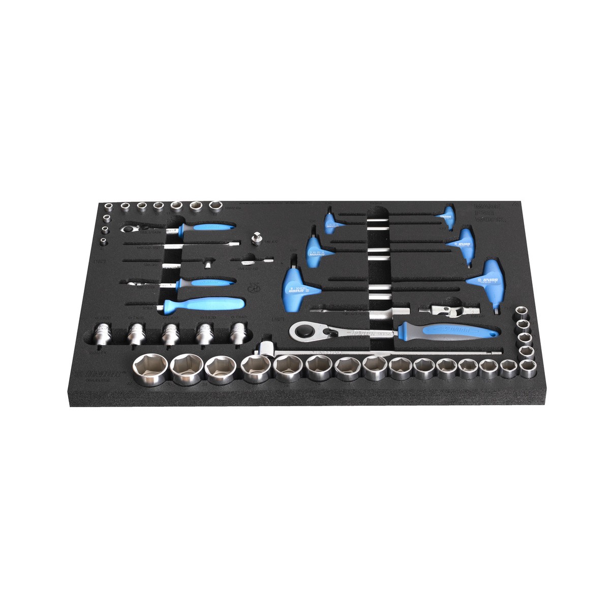 Set of tools in tool tray - 964/60SOS Schaumstoffeinlage mit Stecknüssen, Ratsche, Verlängerungen, Bit- und T-Griff-Schlüsseln sowie Schraubendrehern.