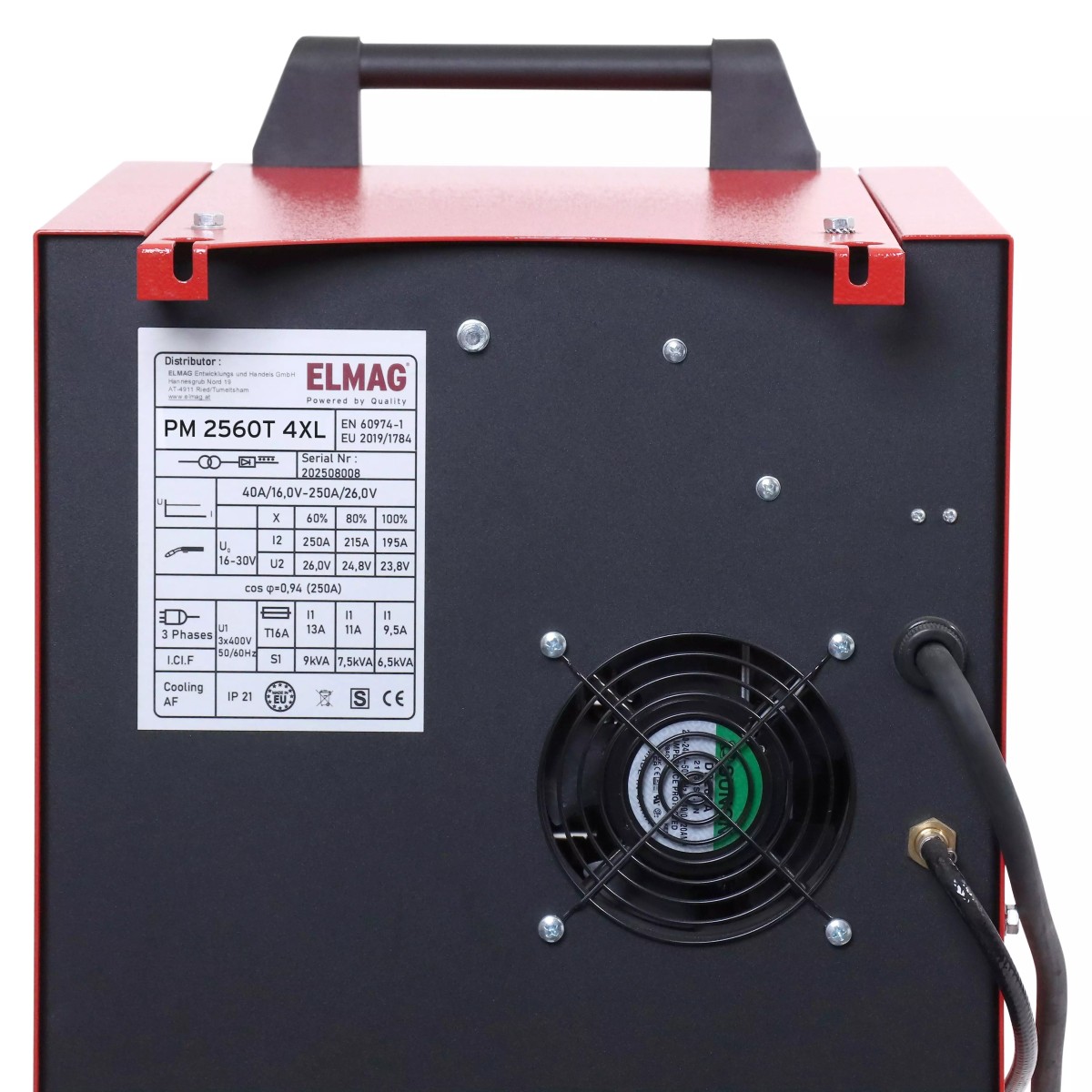 Schutzgas-Schweißanlage PM 2560T 4XL Rückansicht mit Typenschild, Lüftergitter und angeschlossenem Schlauch/Kabel; oben Tragegriff.