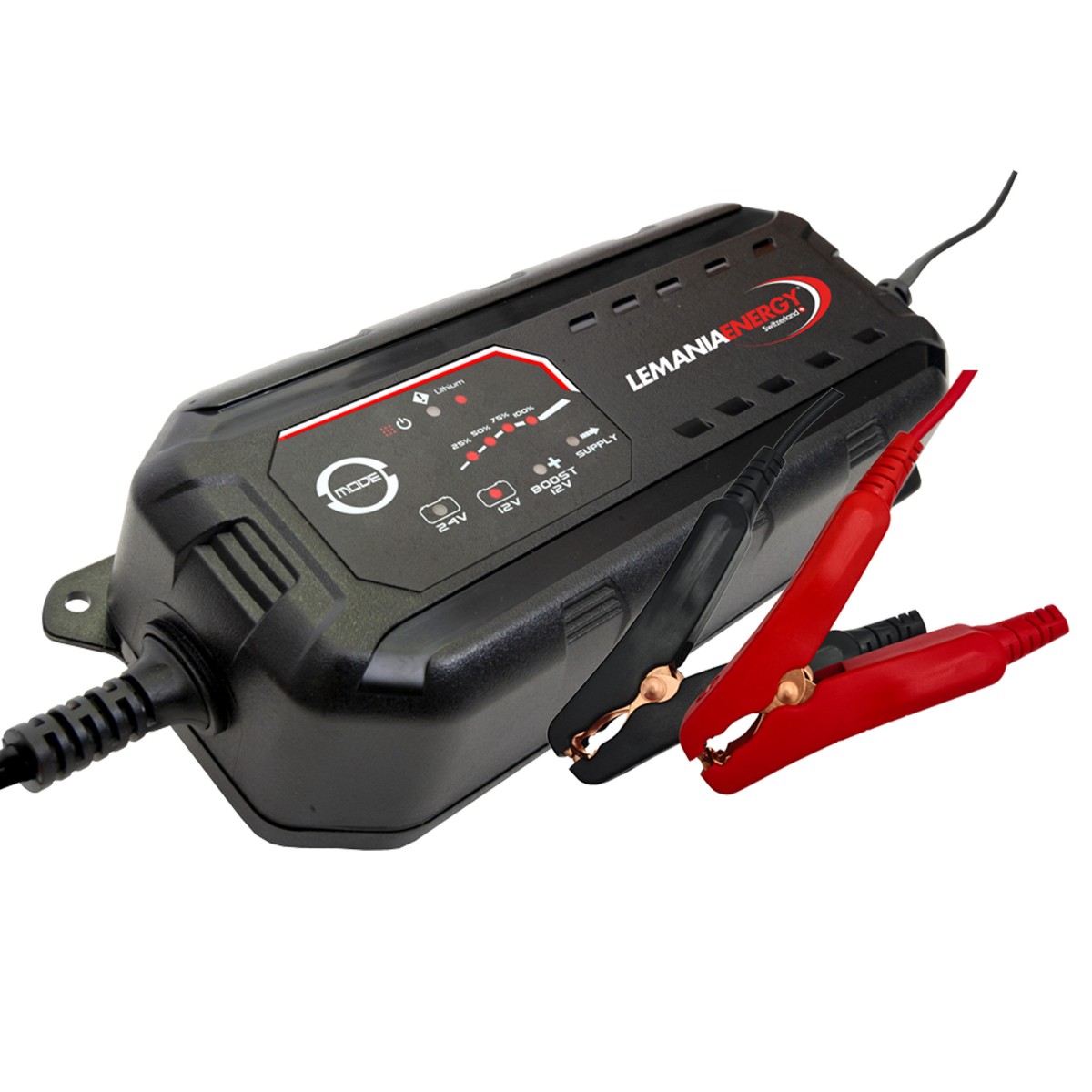 Schwarzes Batterieladegerät mit LED-Anzeige und Modus-Taste; angeschlossene rote und schwarze Krokodilklemmen am Kabel.