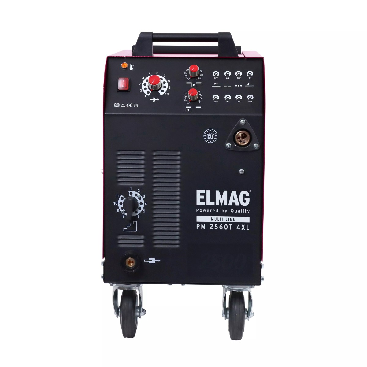 Schutzgas-Schweißanlage PM 2560T 4XL Frontansicht des Schweißgeräts mit Bedienfeld, Drehreglern, Lüftungsschlitzen und ELMAG-Aufdruck, auf Rollen.