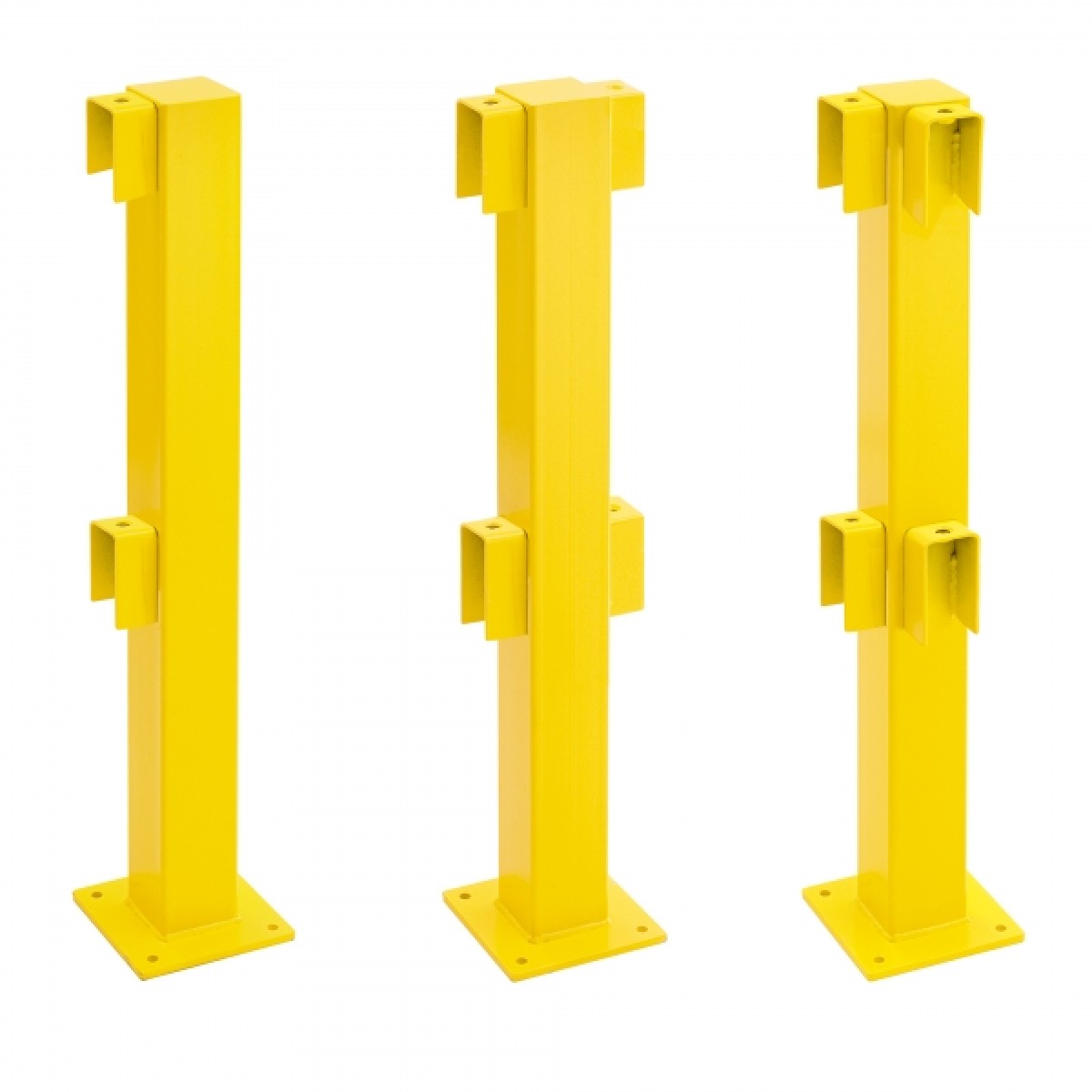 Drei gelbe Stahlpfosten mit Fußplatten nebeneinander, gezeigt in unterschiedlichen Ansichten, freigestellt vor weißem Hintergrund.