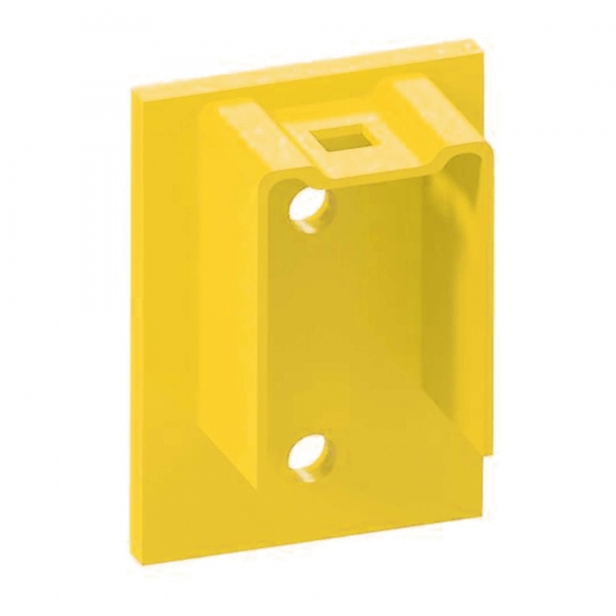 Gelbe Wandhalterung aus Metall, U-förmig mit zwei Schraublöchern, Frontansicht auf weißem Hintergrund.