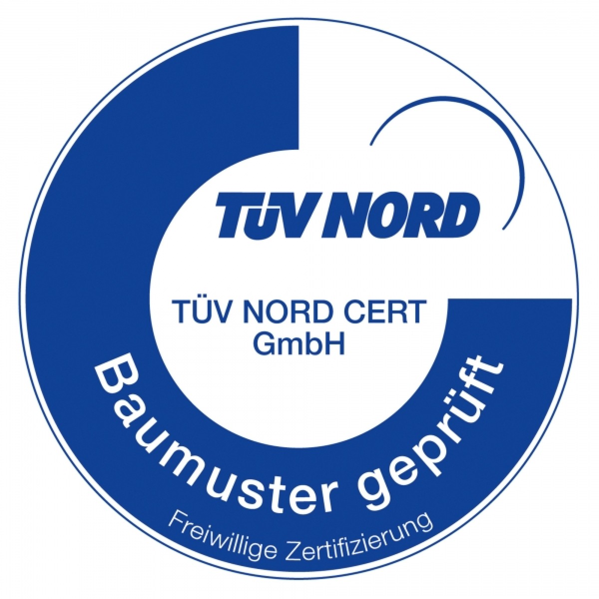 Rammschutz-Bügel - Ø 76 Rundes blau-weißes Siegel mit Text „TÜV NORD“, „TÜV NORD CERT GmbH“, „Baumuster geprüft“, „Freiwillige Zertifizierung“.