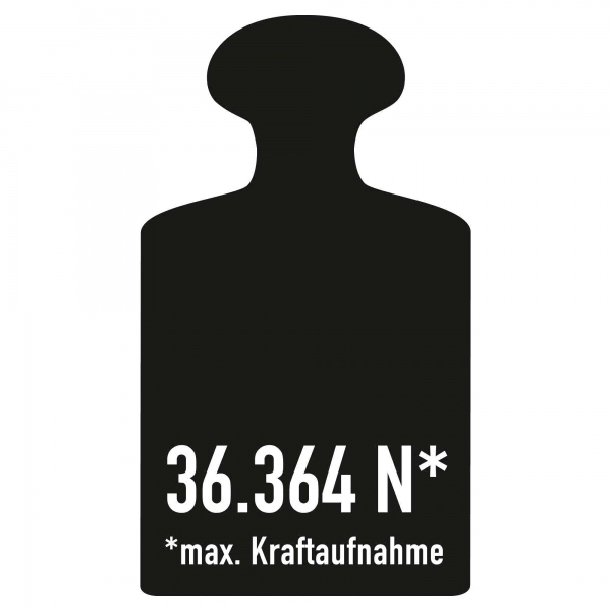 Rammschutz-Geländer XL-Line Schwarzes Piktogramm einer Prüfgewicht-Form mit Aufdruck „36.364 N*“ und „*max. Kraftaufnahme“ auf weißem Hintergrund.