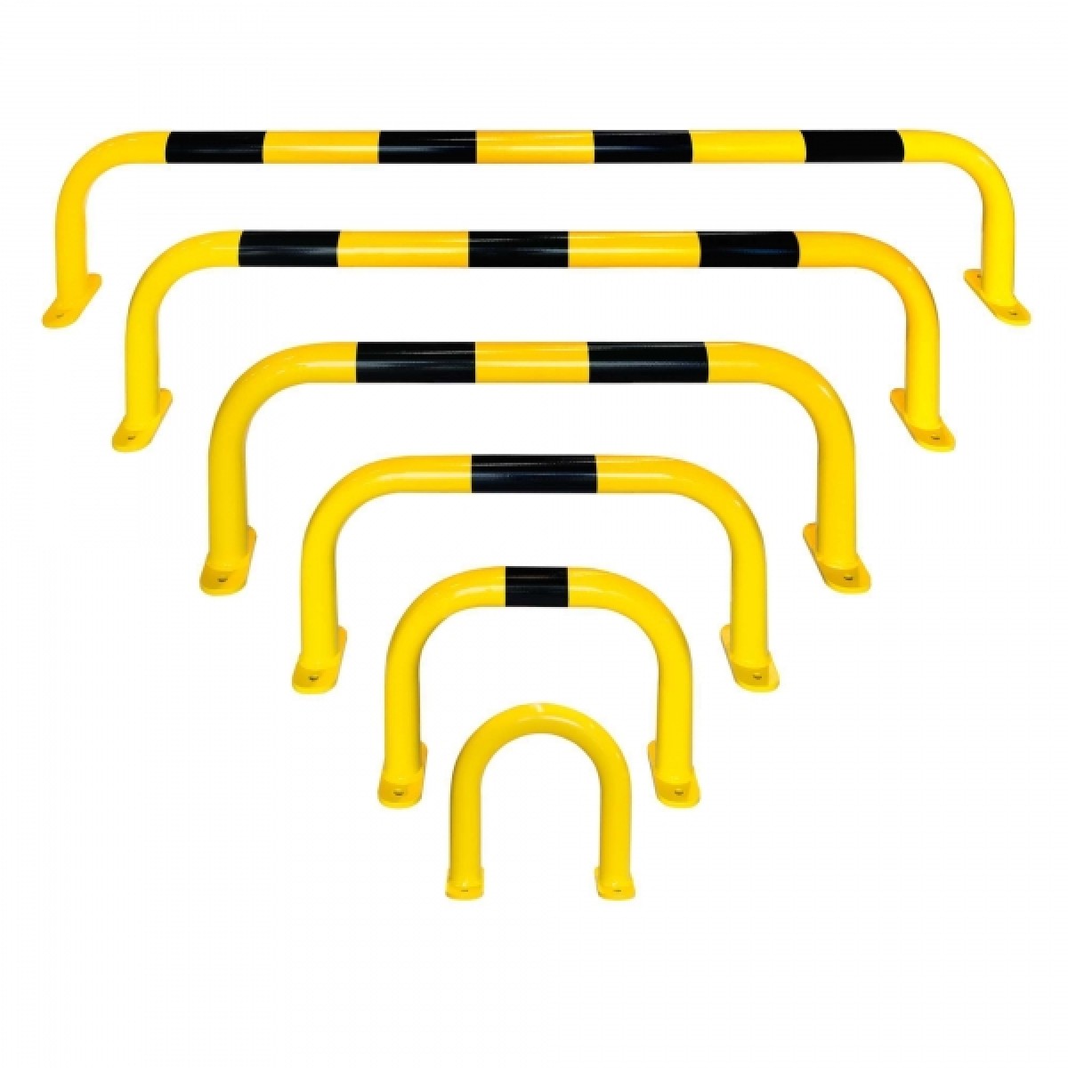 Sechs gelbe U-Schutzbügel in verschiedenen Breiten, jeweils mit schwarzen Warnstreifen, gestaffelt auf weißem Hintergrund.