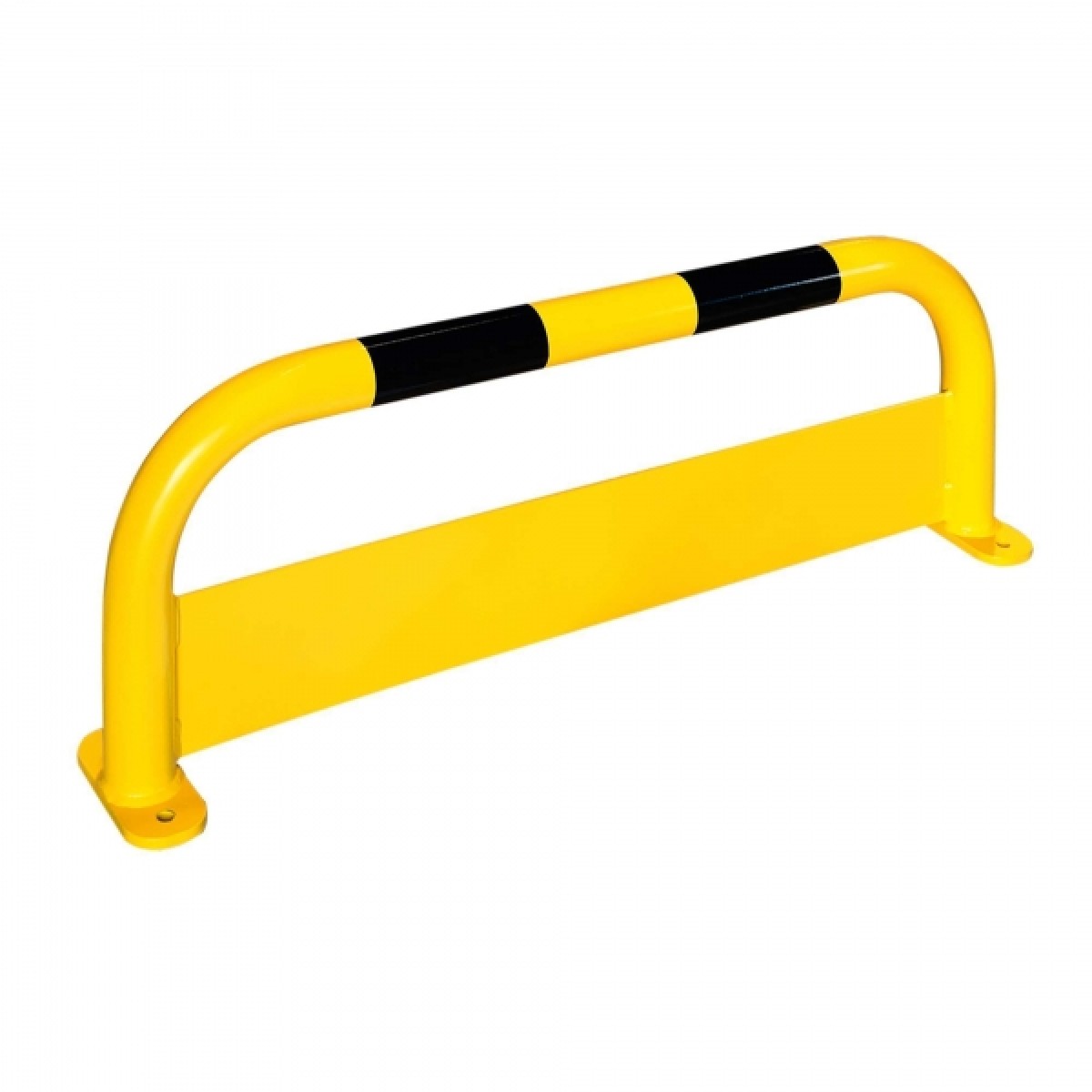 Schrägansicht: gelber Rammschutzbügel mit Anfahrblech, zwei Bodenlaschen, schwarz-gelbe Markierung am oberen Rohr, Freisteller.