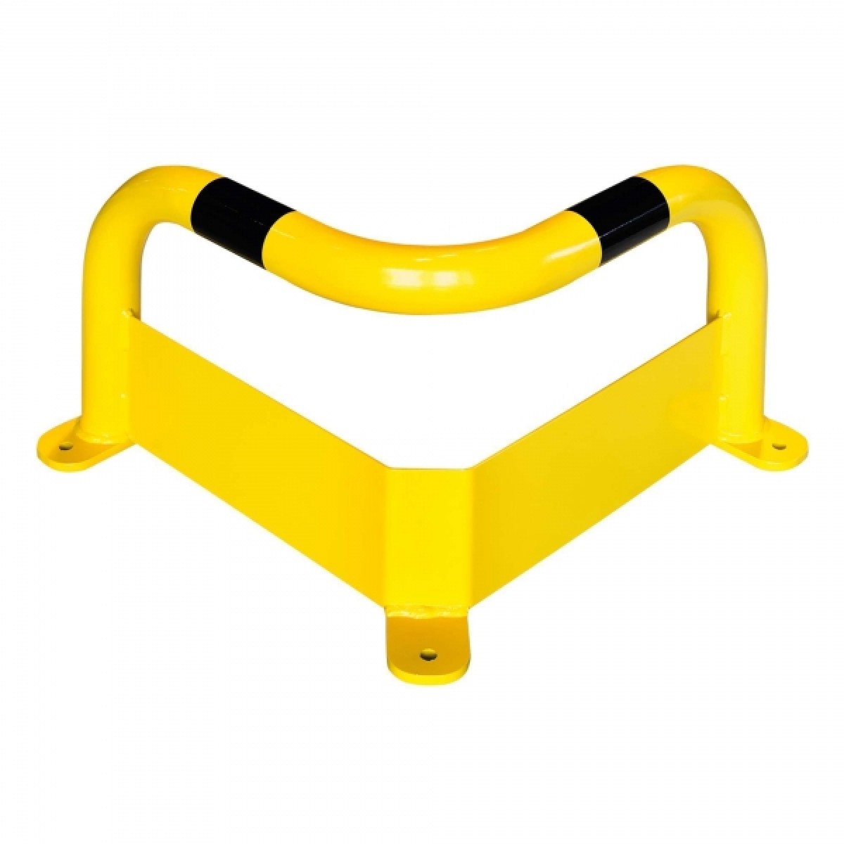 Gelb-schwarzer Eck-Rammschutz: gebogener Rohrbügel mit drei Befestigungsplatten und angeschweißtem Winkelblech, Freisteller.