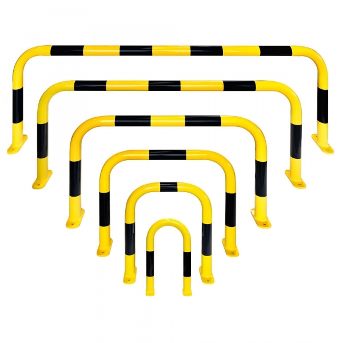 Sechs gelbe U-Schutzbügel in verschiedenen Breiten, jeweils mit schwarzen Warnstreifen, gestaffelt auf weißem Hintergrund.