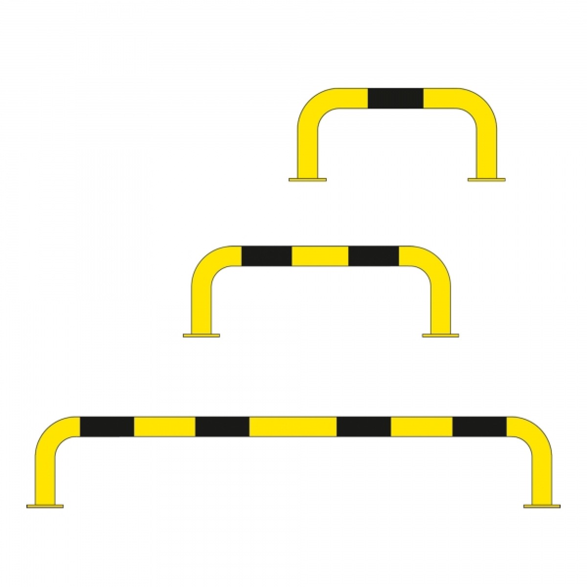 Rammschutz-Bügel - Ø 76 Grafik mit drei gelb-schwarz markierten U-Bügeln in unterschiedlichen Breiten, von klein bis sehr breit, auf weißem Hintergrund.