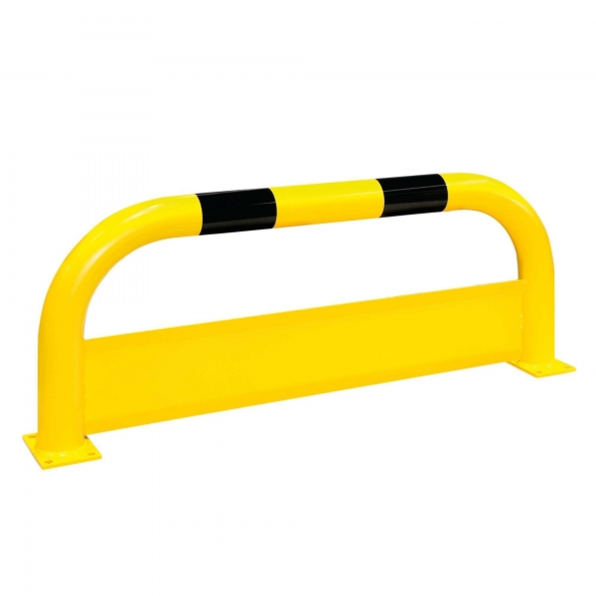 Niedriger gelber Bügel mit unterem Blech und schwarzem Streifen links und rechts am oberen Rohr, auf Fußplatten.
