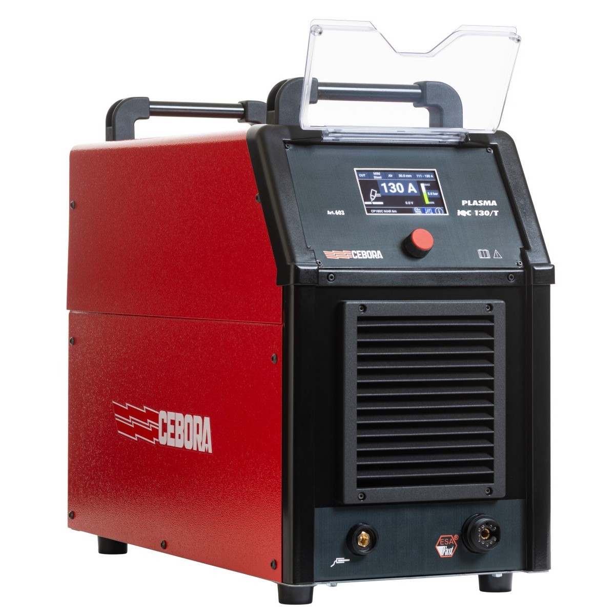 Rotes und schwarzes Plasmaschneidgerät mit Tragegriff, Display und Drehknopf vorn, großem Lüftungsgitter sowie Anschlussbuchsen unten.