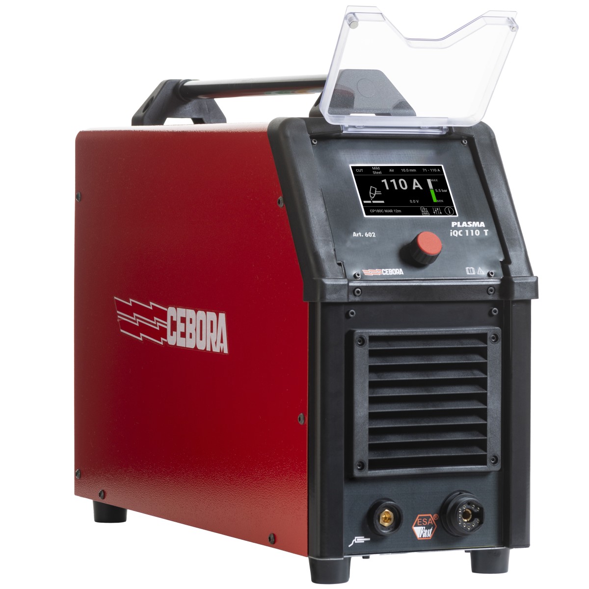 Rotes und schwarzes Plasmaschneidgerät mit Tragegriff, Display und Drehknopf vorn, großem Lüftungsgitter sowie Anschlussbuchsen unten.