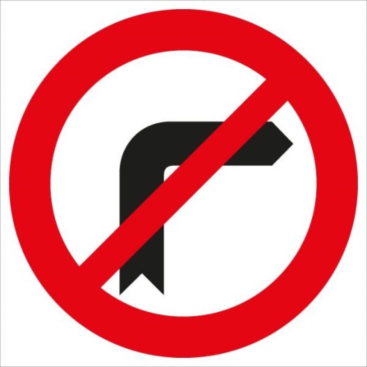 Rundes Verkehrszeichen mit rotem Rand und rotem Schrägbalken; schwarzer Pfeil zeigt nach rechts (Rechtsabbiegen).