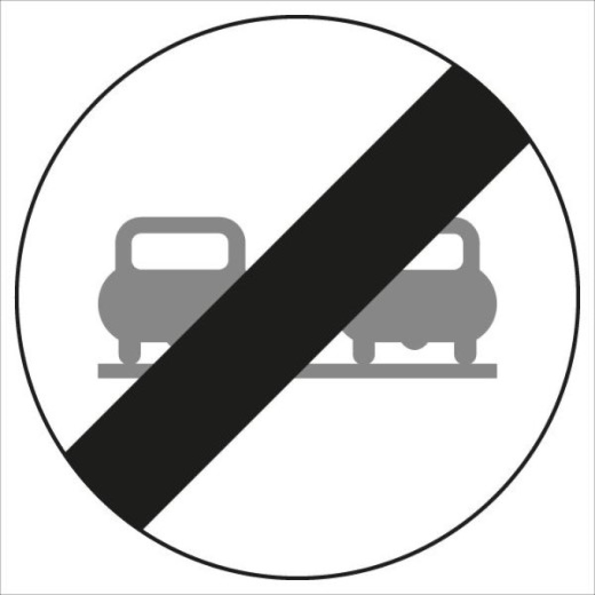 Verkehrszeichen: weißer Kreis mit schwarzem Rand und diagonalem schwarzem Balken über zwei grauen Pkw-Symbolen; Ende des Überholverbots.