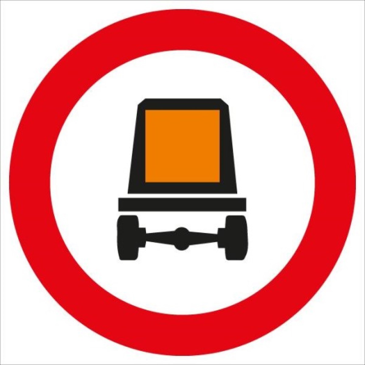 Verkehrszeichen: Weißer Kreis mit rotem Rand, schwarzes LKW mit oranger Tafel. Bedeutet: Fahrverbot für Fahrzeuge mit gefährlichen Gütern.