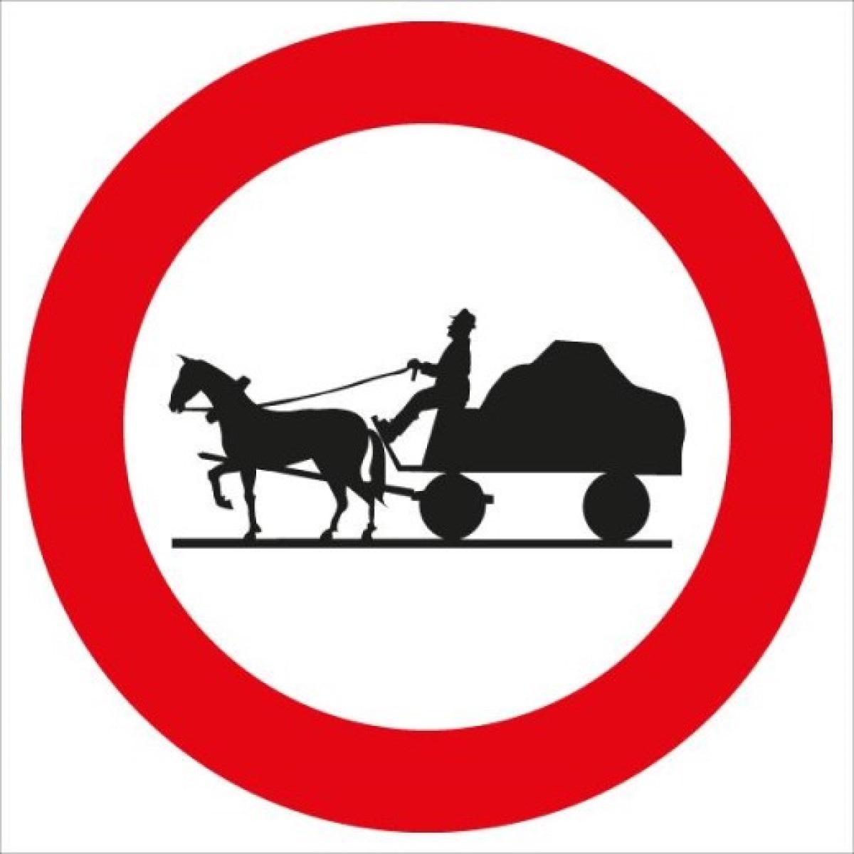 Rundes Verkehrszeichen mit rotem Rand; schwarze Silhouette eines Pferdegespanns mit Kutsche auf weißem Hintergrund.
