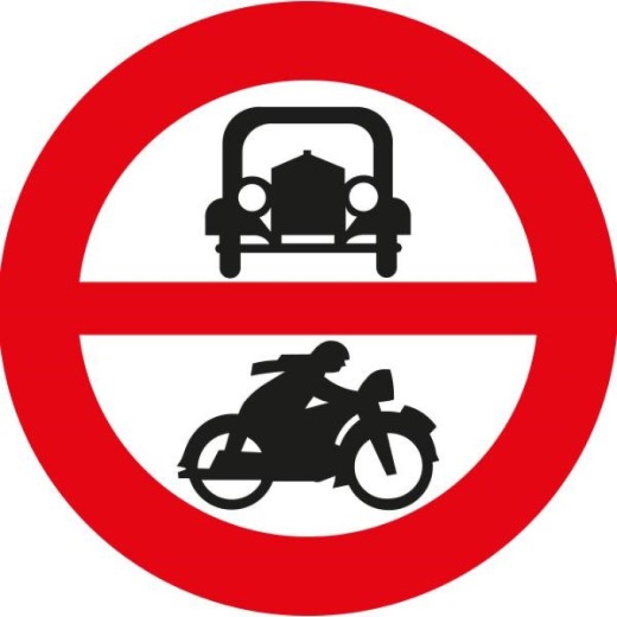 Rundes Verkehrszeichen mit rotem Rand und waagerechtem roten Balken; oben Auto-Front, unten Motorrad-Silhouette.