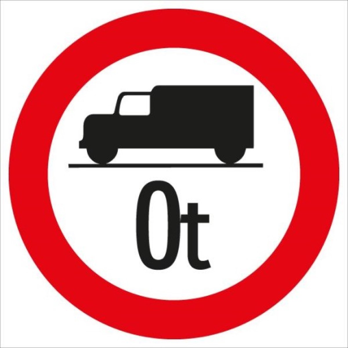 Rundes Verkehrszeichen mit rotem Rand; schwarze Lkw-Silhouette, darunter „0 t“ auf weißem Hintergrund.