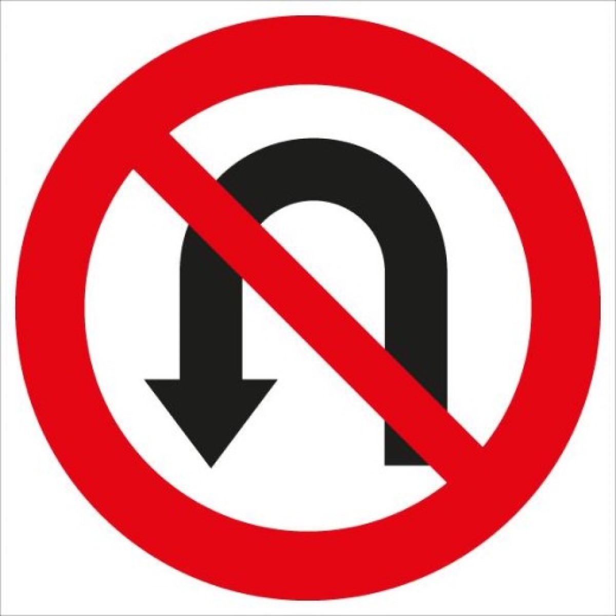 Rundes Verkehrszeichen mit rotem Rand und rotem Schrägbalken; schwarzer Pfeil zeigt eine U-Wende.