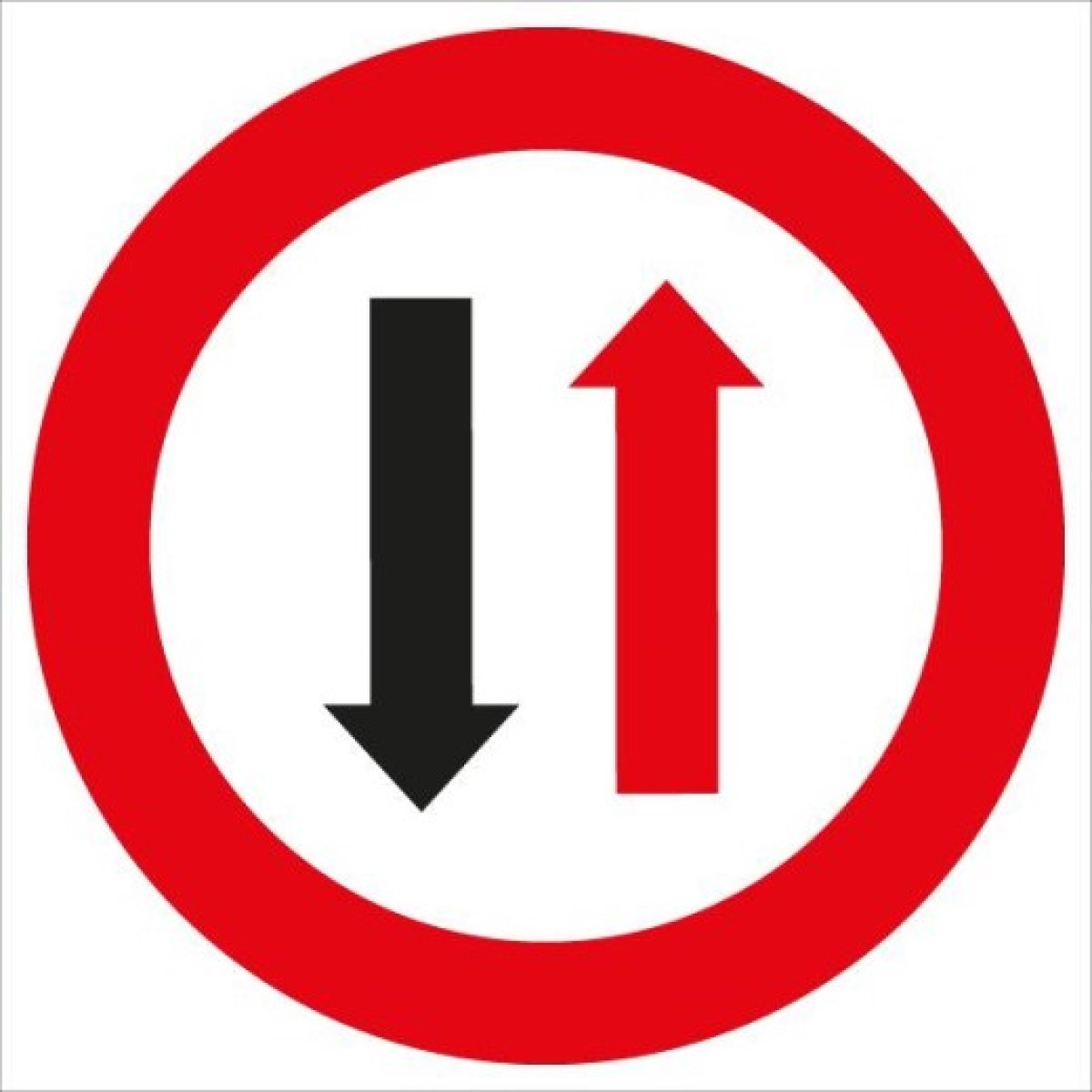 Rundes Verkehrszeichen mit rotem Rand; roter Pfeil nach oben und schwarzer Pfeil nach unten auf weißem Hintergrund.
