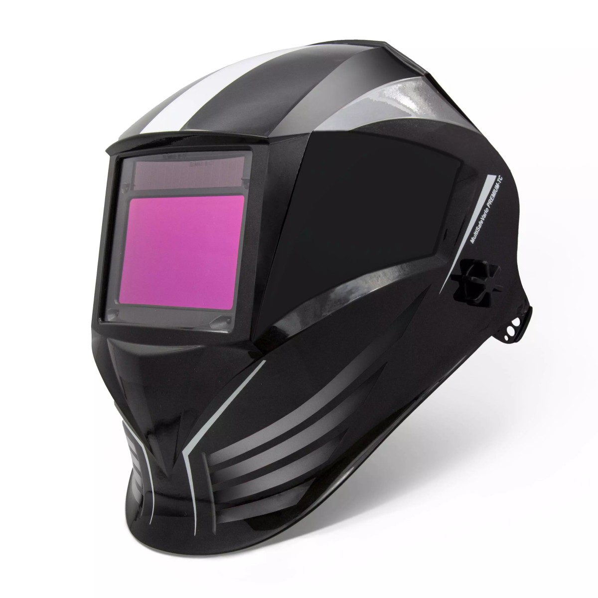 Schwarzer Automatik-Schweißhelm mit grauen Streifen und rechteckigem Sichtfenster in Frontalansicht schräg von vorne.