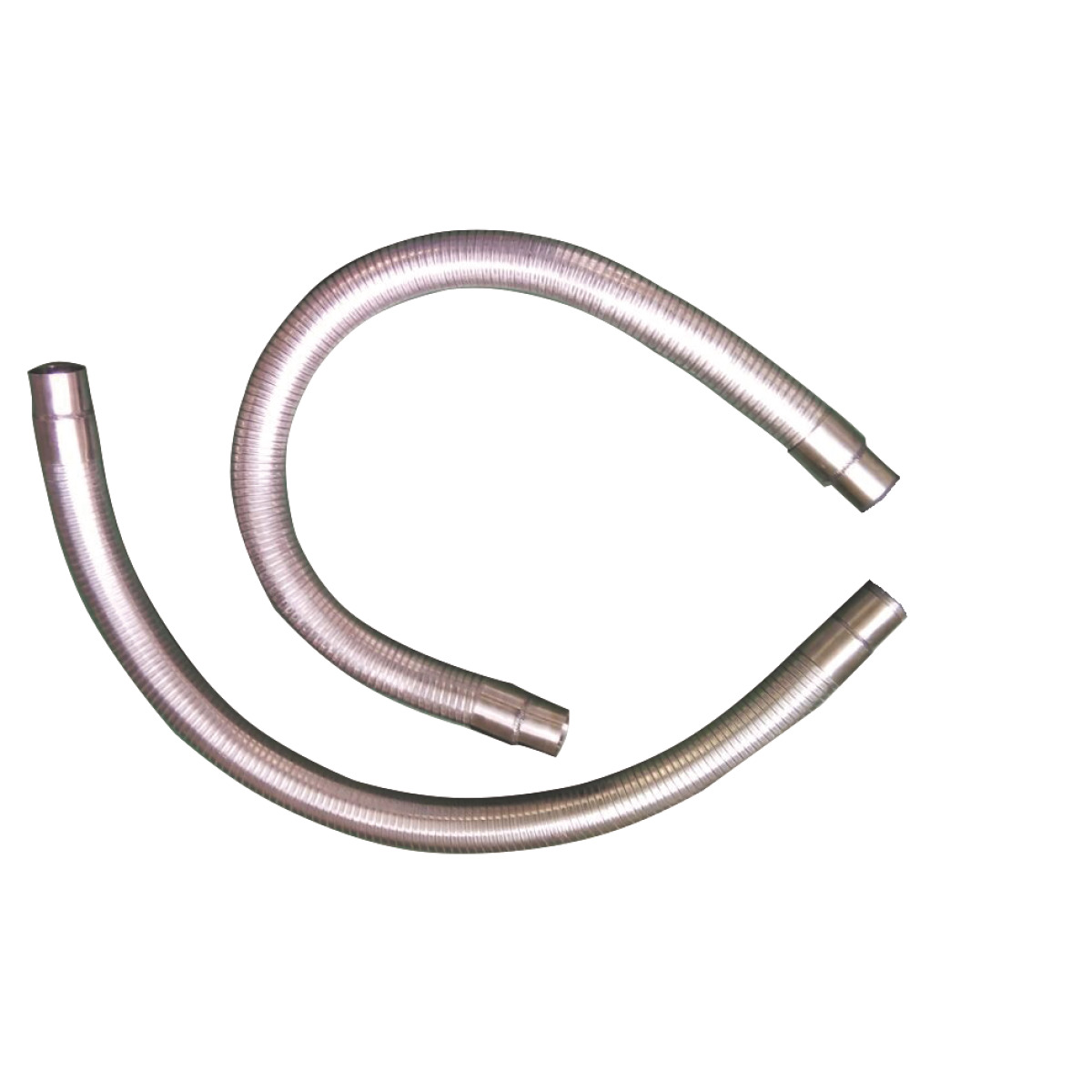 Zwei flexible, silberfarbene Metallschläuche mit glatter Anschlussmuffe an den Enden auf hellem Hintergrund.