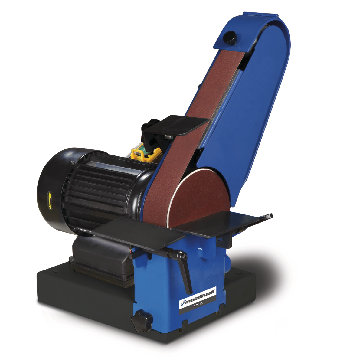 Bandschleifer mit hochgestelltem Schleifband, Schleifscheibe, zwei Auflagetischen und blau-schwarzem Gehäuse.