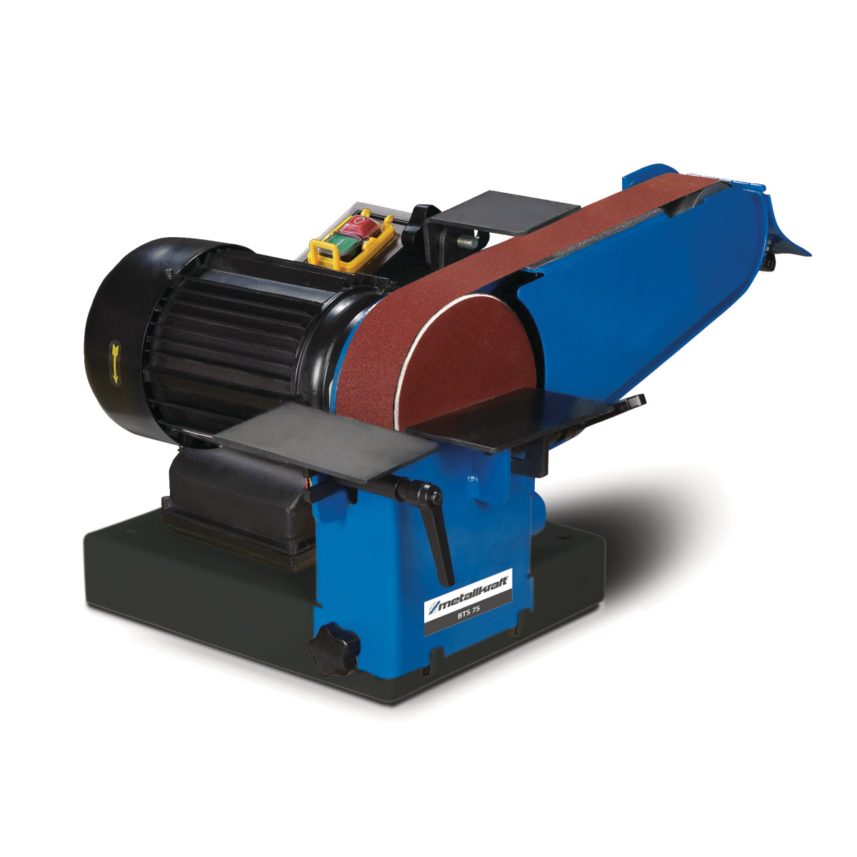 Bandschleifer mit Schleifband, Schleifscheibe, zwei Auflagetischen und blau-schwarzem Gehäuse auf hellem Hintergrund.