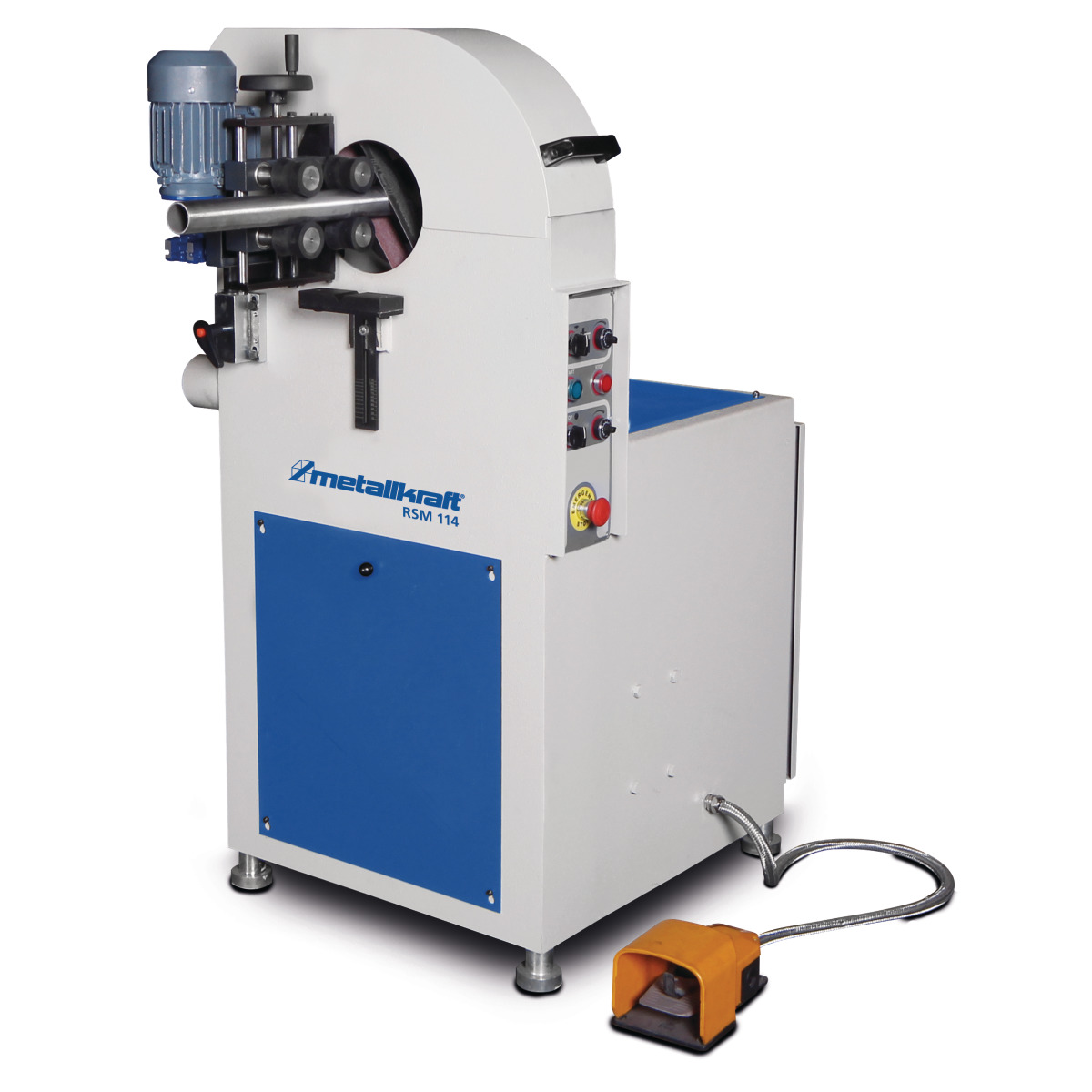 Metallbandschleifmaschine Metallkraft RSM 114 mit blau-weißem Gehäuse, Vorschubrollen und angeschlossenem Fußschalter.