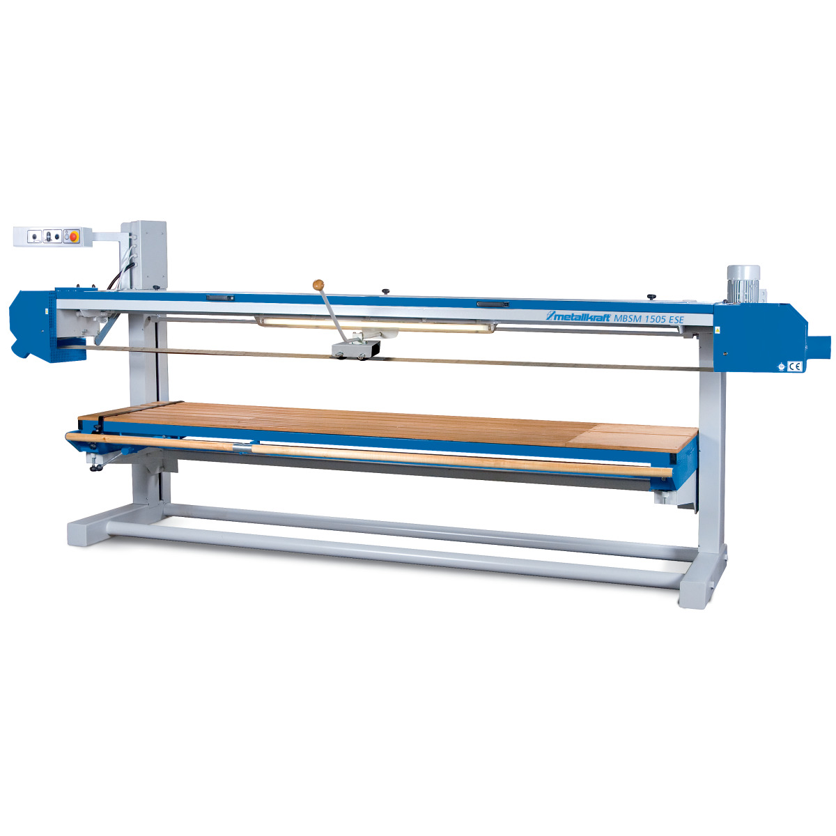 Langbandschleifmaschine mit blau-weißem Gestell, Holzauflage, langem Schleifband, Bedienarm und seitlichem Motor.