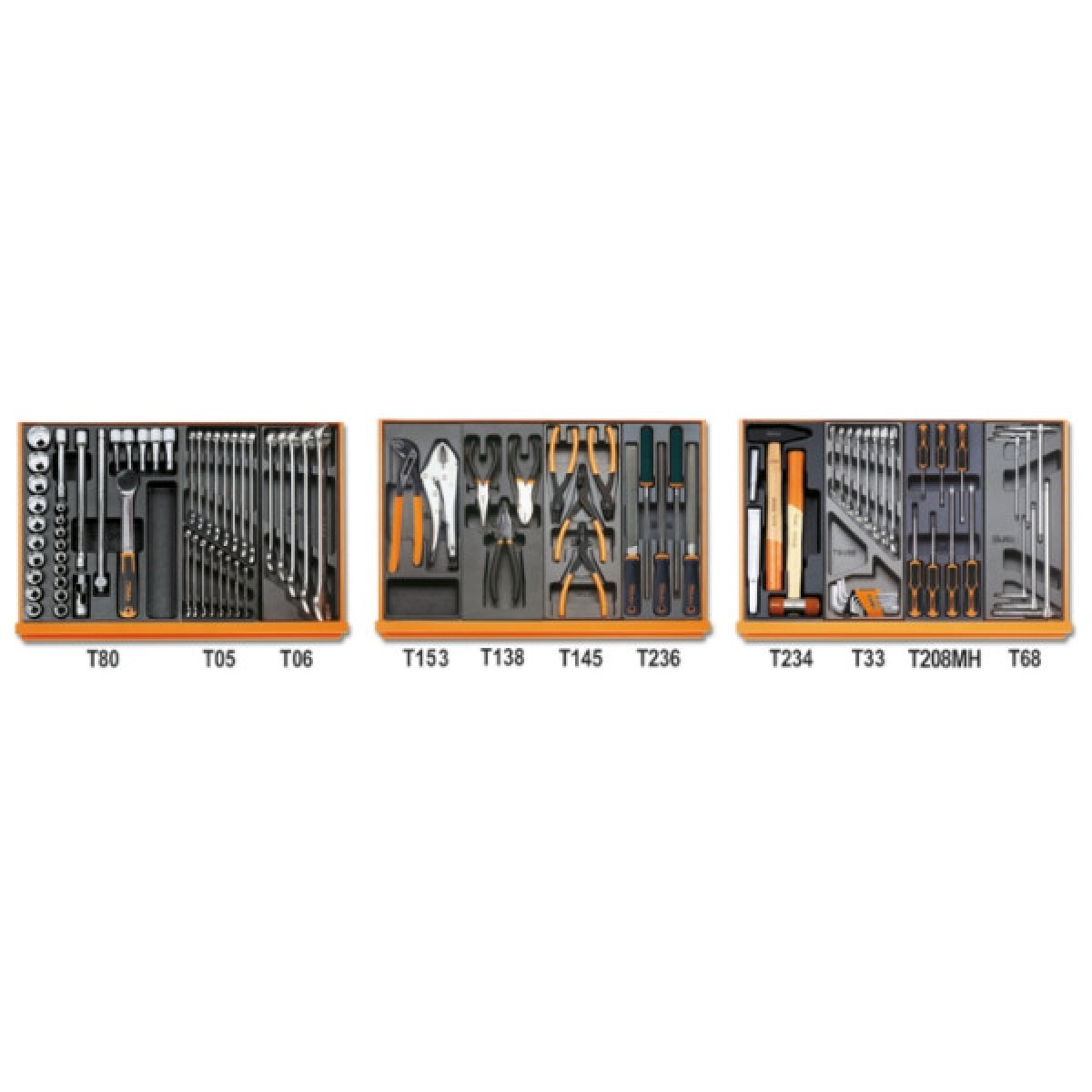 Übersicht: drei Werkzeugeinlagen nebeneinander (Steckschlüssel, Zangen/Feilen, Schraubendreher/Hammer) mit jeweiligen Kennungen darunter.
