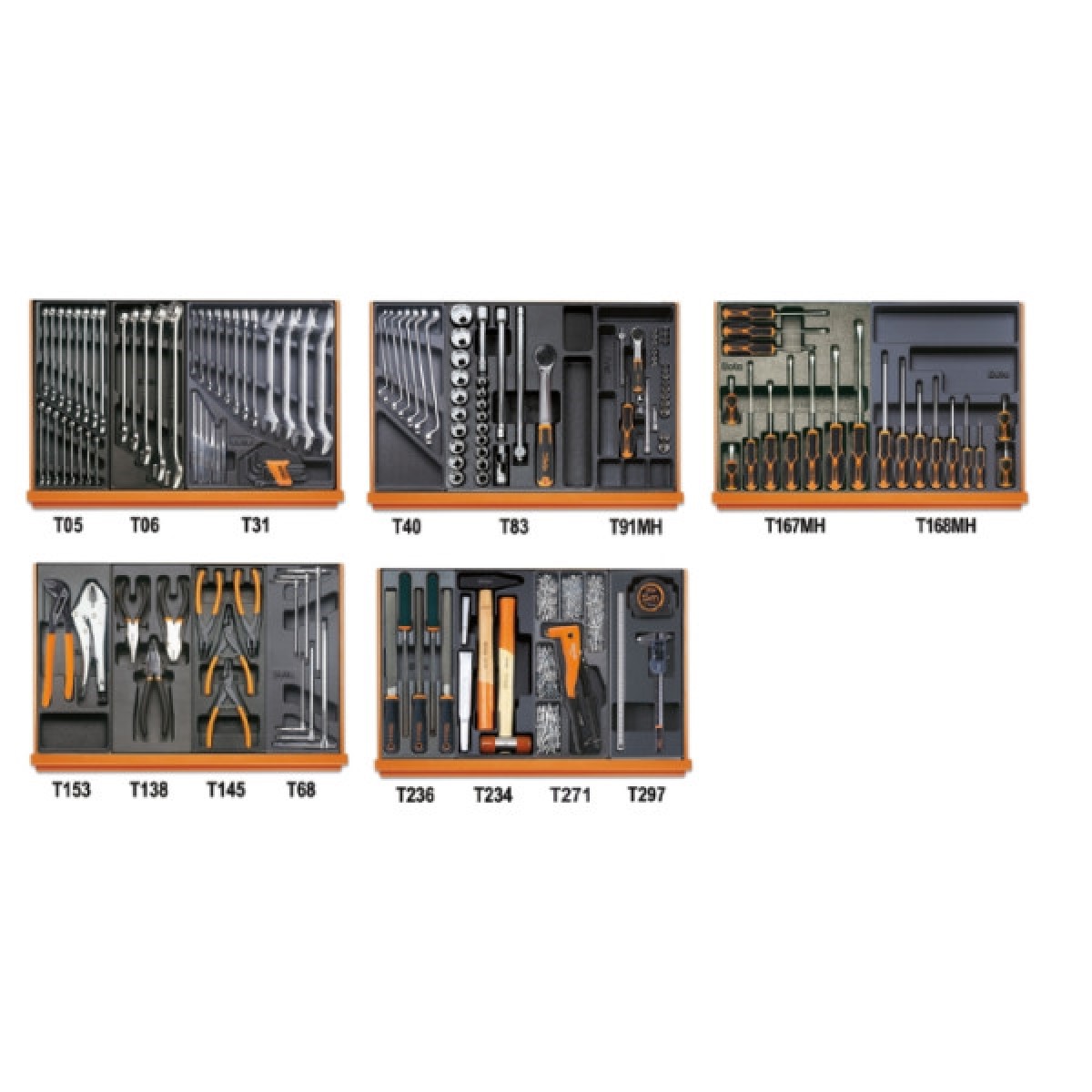 Übersicht mehrerer Werkzeugschubladeneinsätze mit Schlüsseln, Zangen, Schraubendrehern, Feilen, Hammer und Messwerkzeugen.