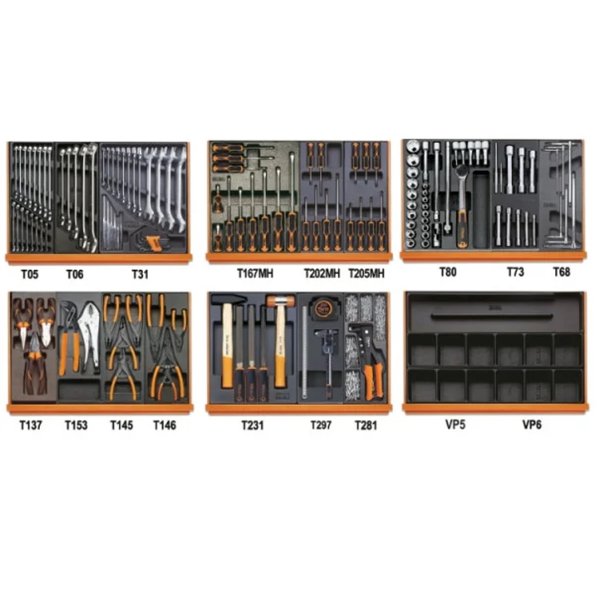 Übersicht mehrerer Werkzeugschubladeneinsätze mit Schlüsseln, Stecknüssen, Zangen, Schraubendrehern und Messwerkzeugen.