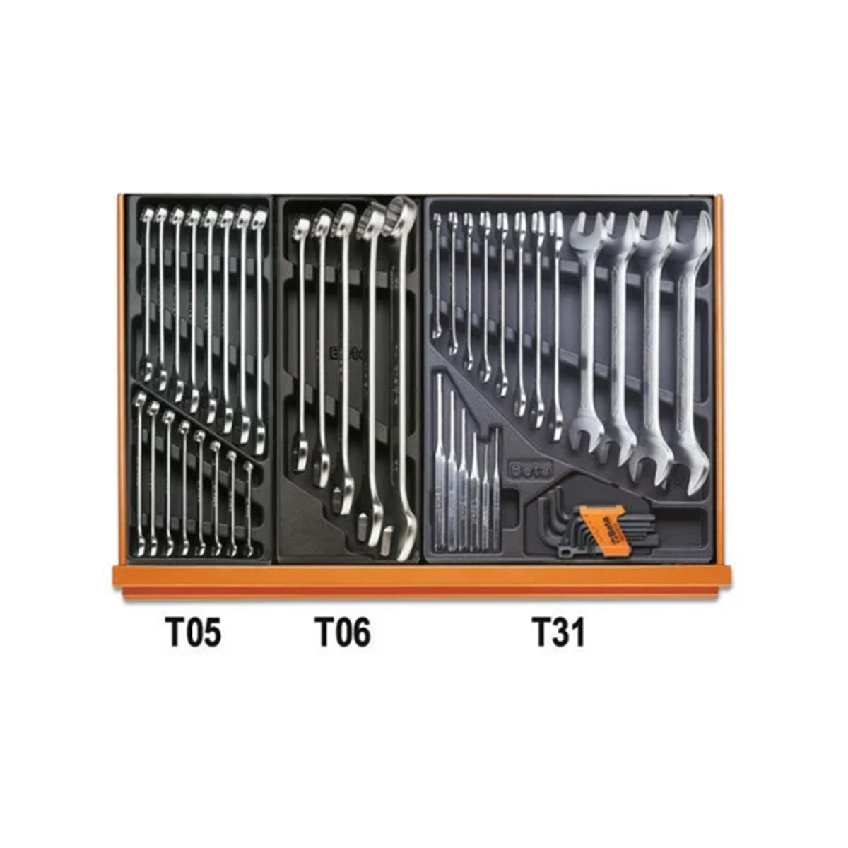 Werkzeugschubladeneinsätze mit Ringmaulschlüsseln, Gabelschlüsseln, Splinttreibern und Innensechskantschlüsseln.