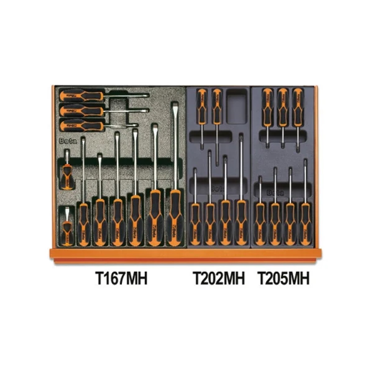 Werkzeugschubladeneinsätze mit Schraubendrehern in verschiedenen Größen und Formen in schwarzer und grauer Einlage.