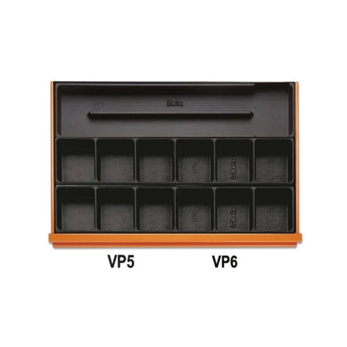 Leere Werkzeugschubladeneinsätze mit mehreren rechteckigen Ablagefächern und schmalem Langfach.