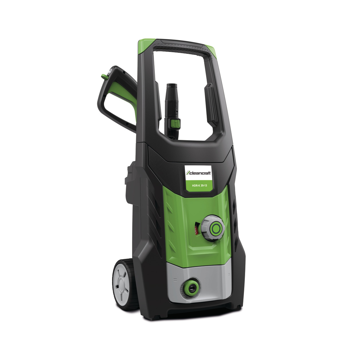 Hochdruckreiniger mit Tragegriff, Rädern, Pistolehalterung und Bedienelementen in Schwarz-Grün.