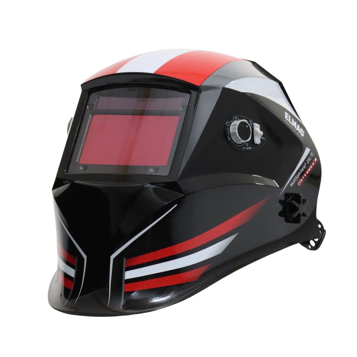 Schweißhelm schwarz mit roten/weißen Streifen und Sichtfenster; Einstellrad seitlich, freigestellt.