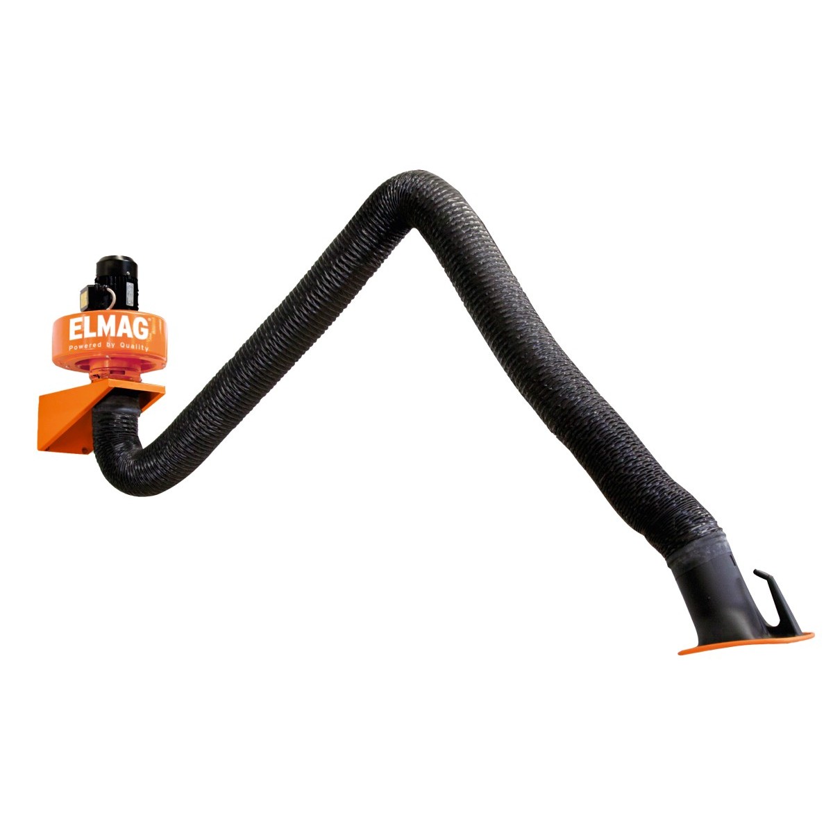 Absaugarm mit orangefarbener Wandhalterung und Motor, langem schwarzem Flexschlauch und trichterförmiger Absaughaube, freigestellt.