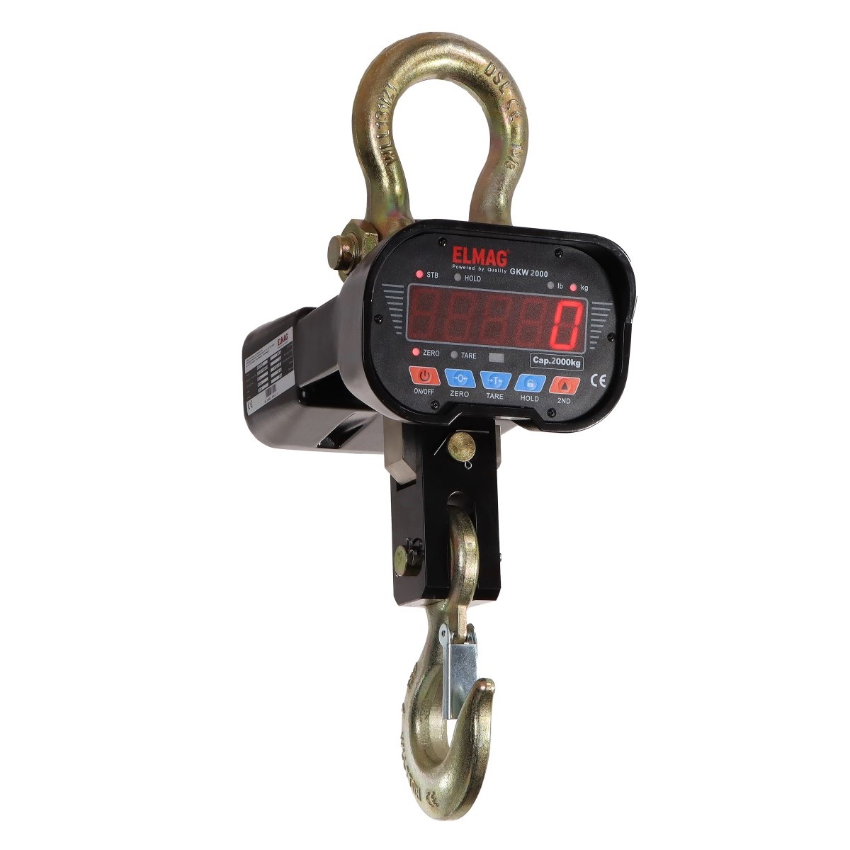 Digitale Kranwaage mit großem Schäkel oben, Haken unten und LED-Anzeige für Gewicht und Bedienfunktionen.